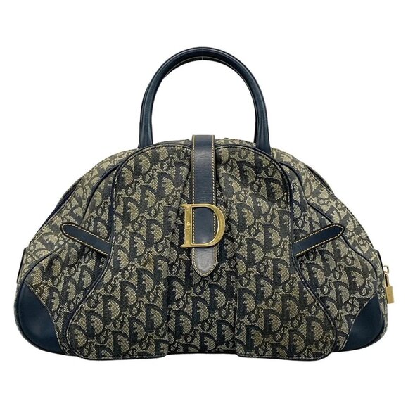 Dior Handbags - Auth DIOR/ChristianDior Double Saddle Bag - Navy Cream Jacquard Leather Handbag